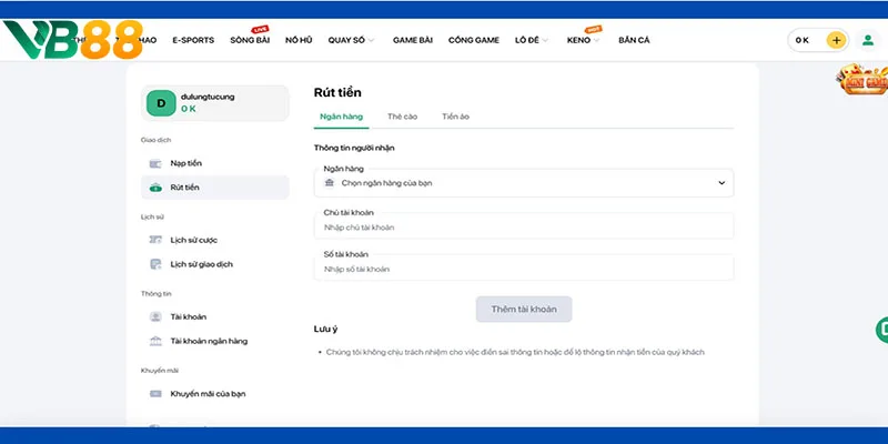 Các hình thức rút tiền VB88 chi tiết Các hình thức rút tiền VB88 chi tiết