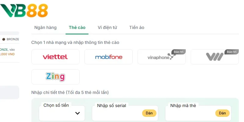 Hình thức nạp tiền VB88 bằng thẻ cào được đánh giá cao